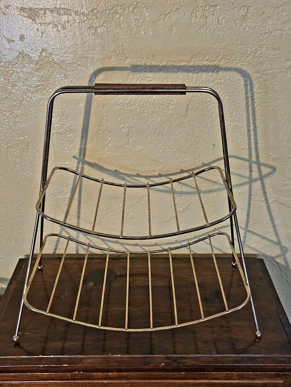 Vintage Mid Century Modern Brassy Gold Tone 2 Tier Magazine Rack WWood Handle